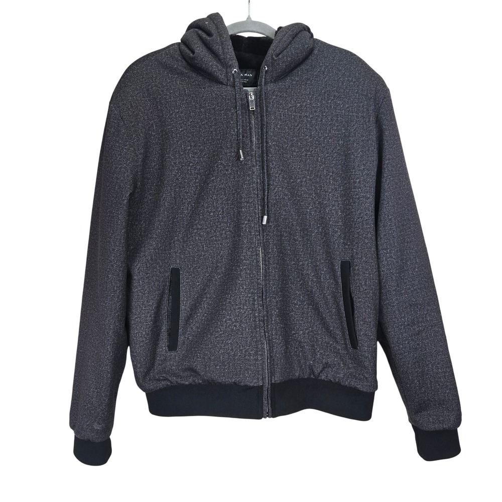 Zara Man Gray Full Zip Hooded Jacket Large Casual Outdoors Faux‎ Fur Streetwear